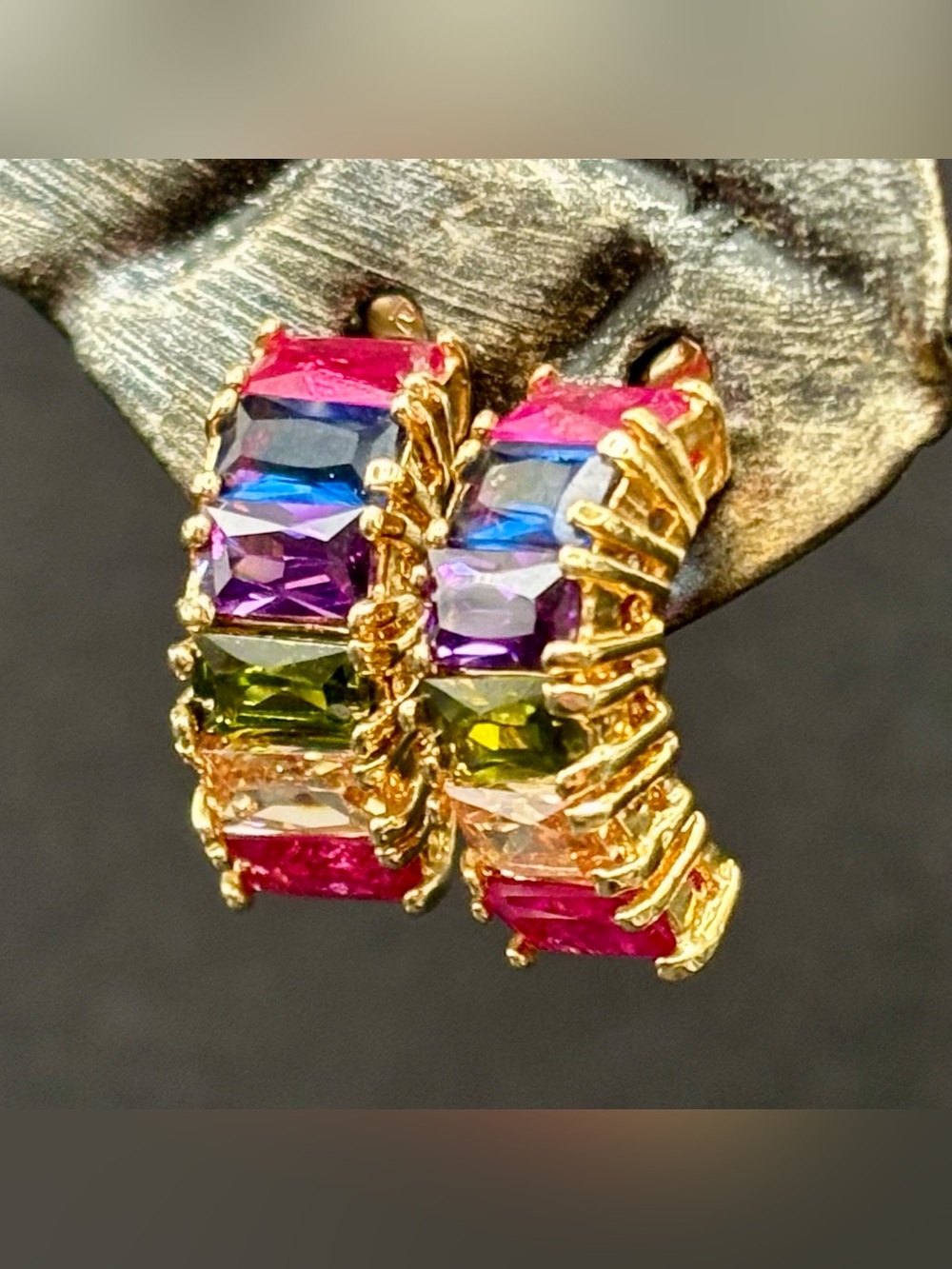 Gretchen Gray Sterling Silver 925 Rainbow Gemstone Baguette J Hoop Earrings